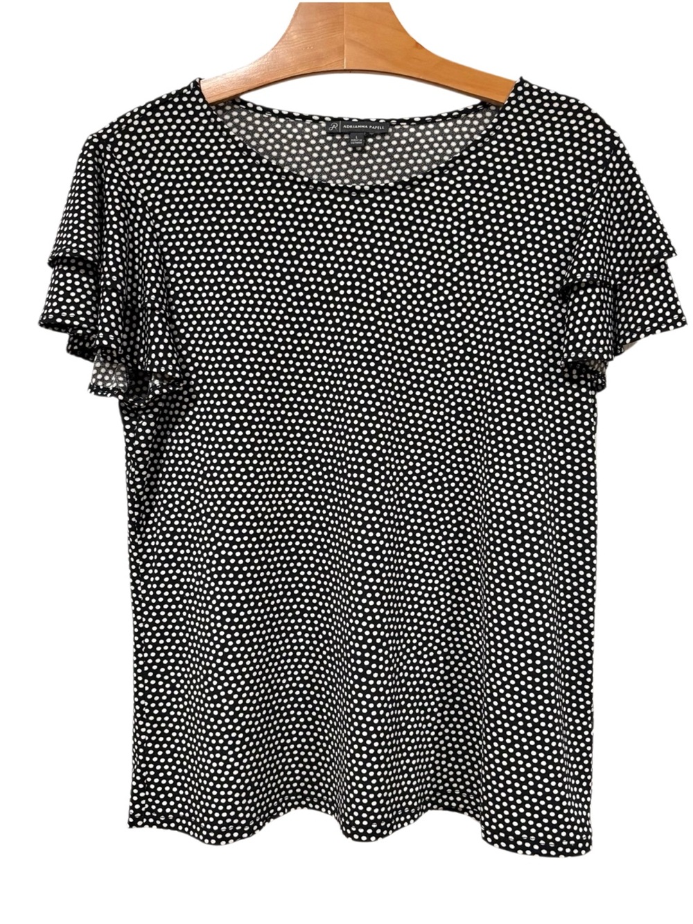 Short Flutter Sleeve T-shirt Black White Polka Dots Large
